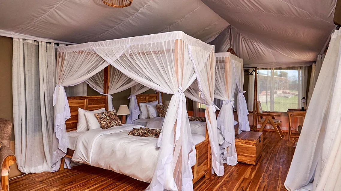 Inside a safari tent at Land of Nature Camp