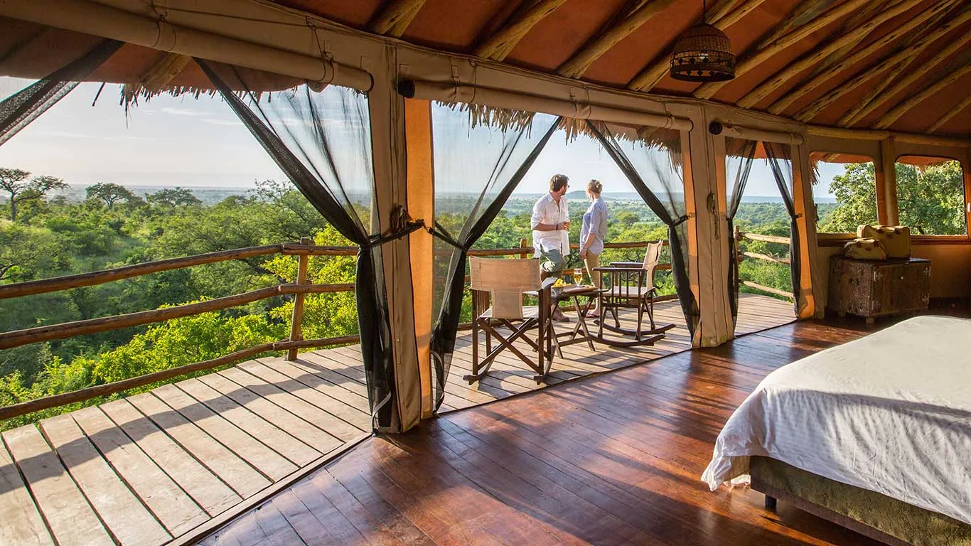 Open-fronted treetop room with private deck at Tarangire Treetops